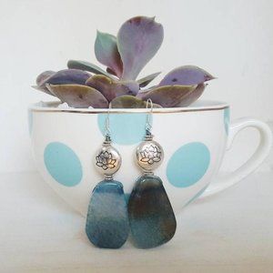 Blue Agate Silver Plated Lotus Earrings
